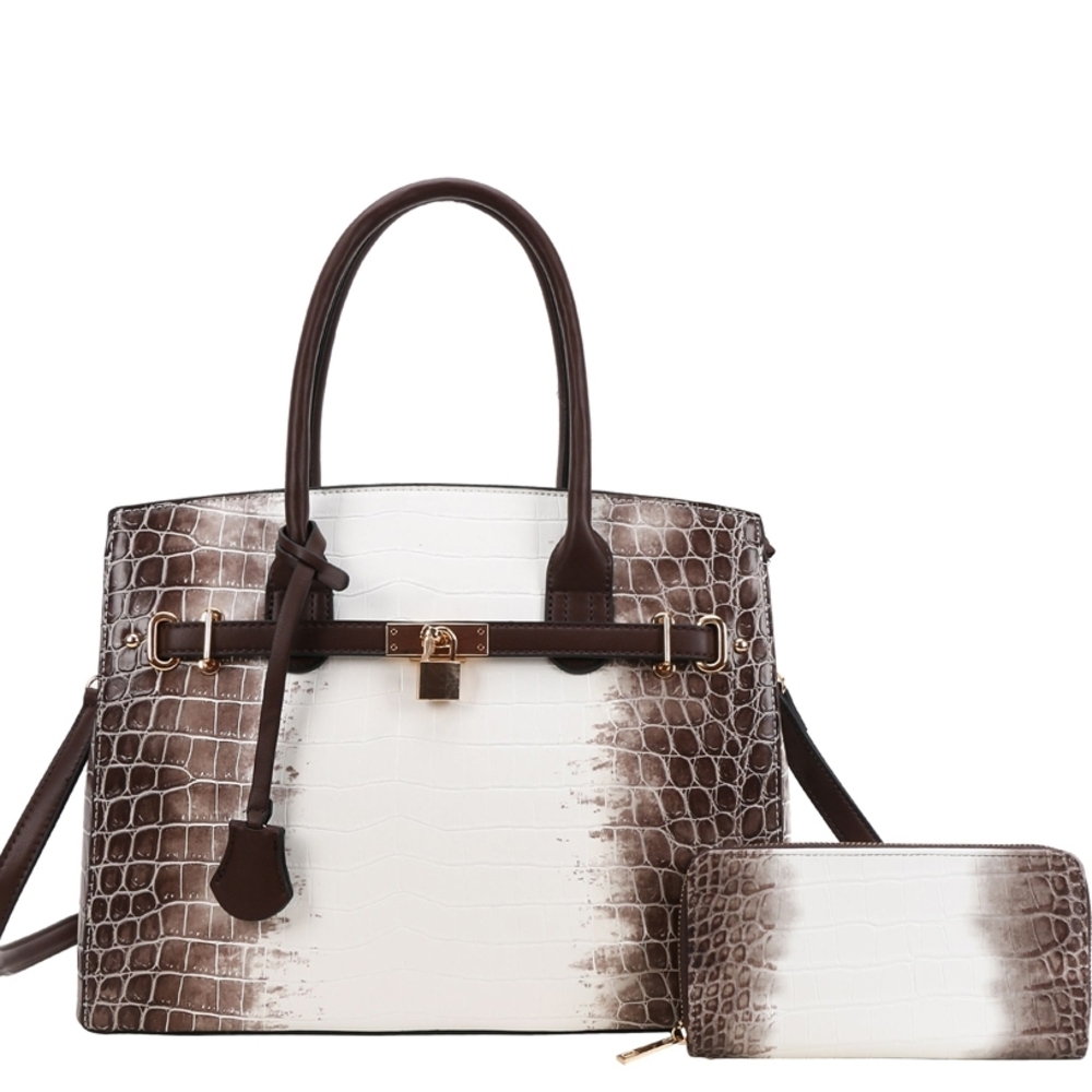 Elegant Classic Two-Tone Croc-Embossed Tote with Wallet - White & Brown
